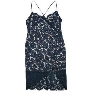 Lulus Midi Lace Cocktail Dress Womens Large Black Nude Fitted Eyelash Hem Party